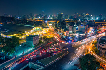 Fototapeta na wymiar Bangkok night skyline and cityscape. Hua Lamphong railway station aerial view