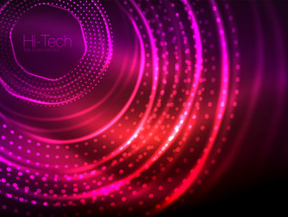 Magic neon circle shape abstract background, shiny light effect template for web banner, business or technology presentation background or elements, vector illustration