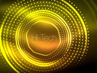 Magic neon circle shape abstract background, shiny light effect template for web banner, business or technology presentation background or elements, vector illustration