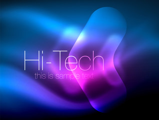 Blurred arrows in dark space. Neon pointers, glass glossy design, abstract shiny techno background, web banner