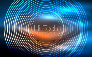 Circular glowing neon shapes, techno background. Abstract shiny transparent circles on dark technology space