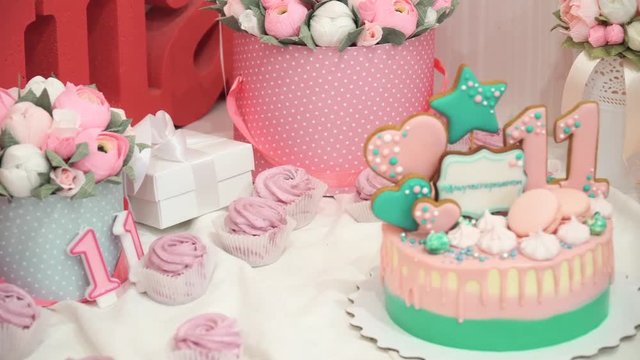 Panarama of delicious handmade pink zephyr, sweets and cake on the table with flowers in the birthday party