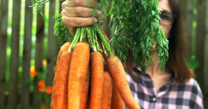 Mature woman holding carrot vegetable 