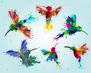 Obraz na płótnie Canvas Pattern with Low poly colorful Hummingbird with rainbow back ground,animal geometric,party birds concept,vector.