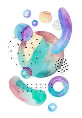 Drawing of geometric elements with watercolor, ink, doodle textures on background.