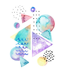 Drawing of geometric elements with watercolor, ink, doodle textures on background