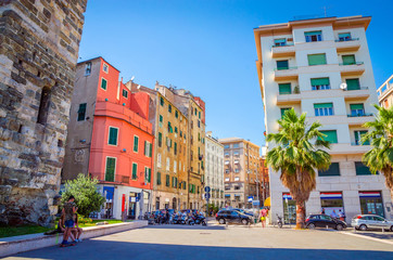 Beautiful street and traditional buildings of Savona, Liguria, Italy
