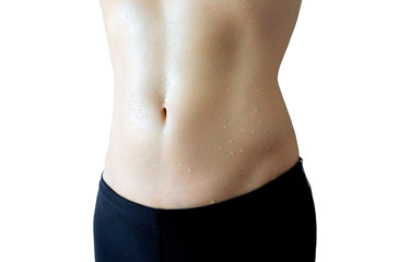 Fototapeta na wymiar Beautiful body slim woman's abdomen, exercise, sweat, white background. Health and beauty concepts