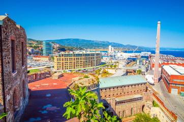 Fototapeta na wymiar Aerial view of old port and castle in Savona, Liguria, Italy