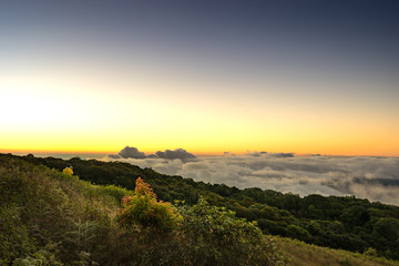 Fototapeta na wymiar sunrise on hill with fog morning with traveller take a photo
