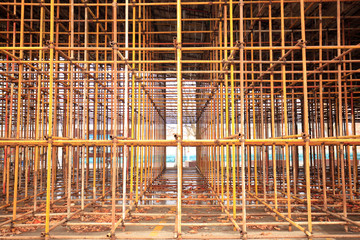 Scaffolding is on the construction site.