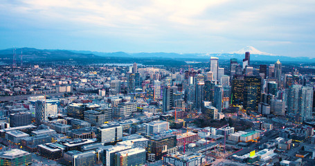 Seattle Washington Urban Core Downtown District Skyscrapers Mt Rainier Background at Sunset