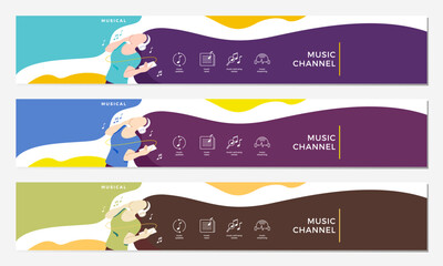 music channel youtube cover with girl hearing headphone illustration flat vector background