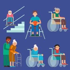Disabled handicapped diverse people vector wheelchair invalid person help disability characters disable medical assistance illustration.