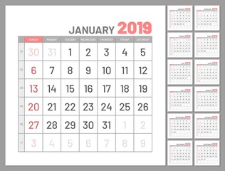 Set planners, January 2019, twelve months, flat. Collection of calendars for whole year for planning, taking notes and so on. Vector illustration of menologies