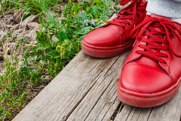 Red shoes on old wooden cracked board with stones and plants. Copy space. Close up. Stylish background.