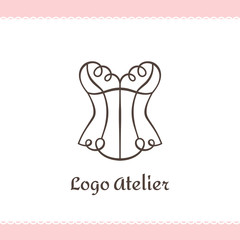 Logo for Atelier, wedding boutique, women's clothing store. Vector template of the brand for the fashion designer. Element for Studio sewing and tailoring. Vintage corset with elegant lines