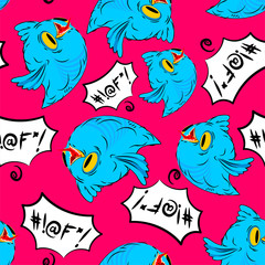 Blue bird and swearing words seamless pattern. Birdie and foul language background. Ornament cartoon style