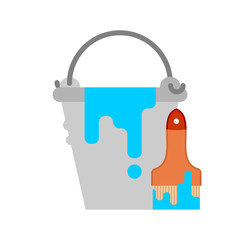 Bucket with blue paint and brush. Vector illustration