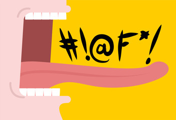 Shout swearing words. Cry Open mouth. Teeth and tongue. foul language