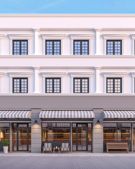 Obraz premium Front of classical style commercial building 3d render.There are a street shop, The building has classical style with gray and white color. The front store has footpaths and table sets.