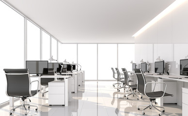 Minimal style office 3d render.There are white floor and glossy wall.Furnished with black furniture .There are large windows looking out to see the scenery outside.