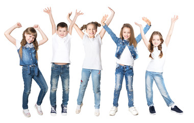 Group happy children  friends with their hands up on a white background