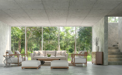 Modern loft style living room with polished concrete 3d render.Furnished with fabric and wood furniture. There are window overlooks to nature.