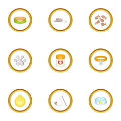 Cat toys icons set, cartoon style