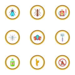 Insect destruction icons set, cartoon style
