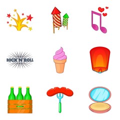 Firework party icon set, cartoon style