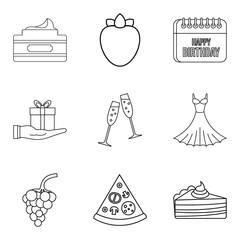 Celebratory evening icons set, outline style