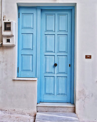 Greece, blue white house door and window