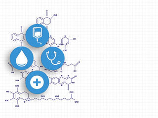 Medical icons on chemistry formula as background represent medical and health care concept. Technology Background. Vector Illustration.