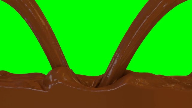 Animated melted chocolate or thick chocolate milk pouring and splashing filling up whole container against green background. Two inflow source.
