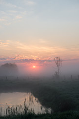 Beautiful foggy sunrise in Ukraine. Fog on the field. Untouched nature