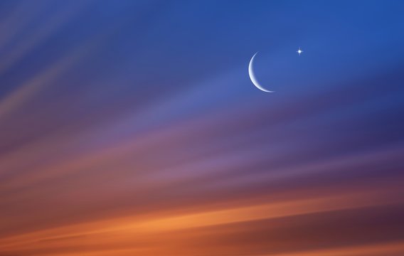 Religion background . Red sunset and moon . Against the background of clouds . beautiful sky . Yellow and pink clouds . Sunset and new moon . Prayer time . Generous Ramadan