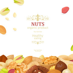 poster with delicious nuts on white background for your design