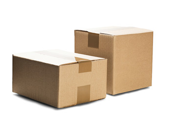 Cardboard box for post service on isolated white background. Parcel with empty space for your text. Pattern for delivery or post service.