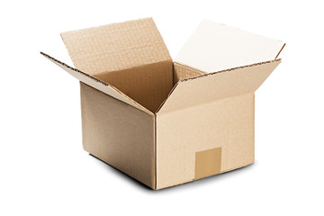 Cardboard box for post service on isolated white background. Parcel with empty space for your text....
