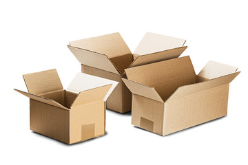 Cardboard box for post service on isolated white background. Parcel with empty space for your text. Pattern for delivery or post service.