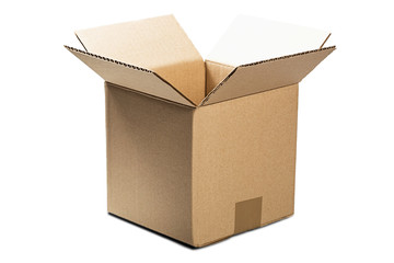 Cardboard box for post service on isolated white background. Parcel with empty space for your text....