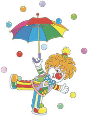 Friendly smiling circus clown dancing under a colorful umbrella in rain of color balls, a vector illustration in a cartoon style
