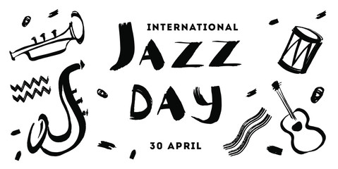 Vector hand drawn illustration banner for international jazz day with expressive lettering and music instruments black on white background