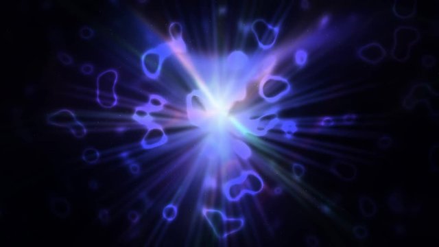 Abstract figures shimmer in the light at the center of the screen, move and disappear on the background of the abstract movement of small dots. Looped HD background for presentations, video ads