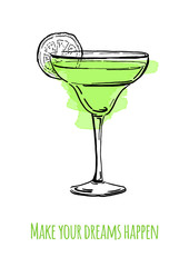 Outline hand drawn margarita coctail with lemon for posters and cards. With green spot and wish