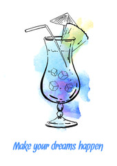 Outline hand drawn blue curacao coctail for posters and cards. With color spots and wish