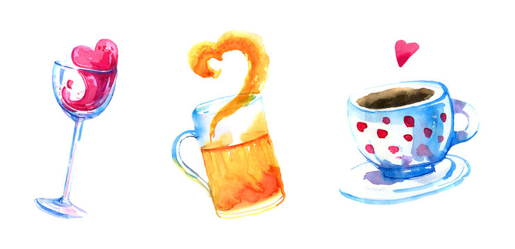 Wine, beer and coffee hand drawn watercolor set for posters and cards
