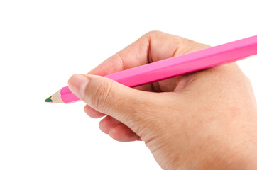 female teen hand holding pink wooden pencil.