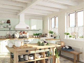 retro kitchen in a cottage with sleeping cat. 3D RENDERING